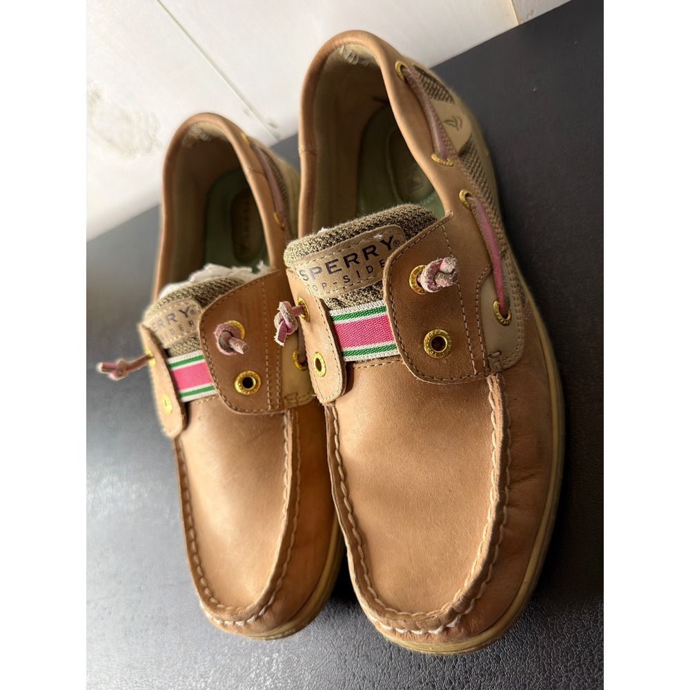 Sperry Top-Sider Tan Leather Boat Shoes Pink Stripe Womens 8.5M